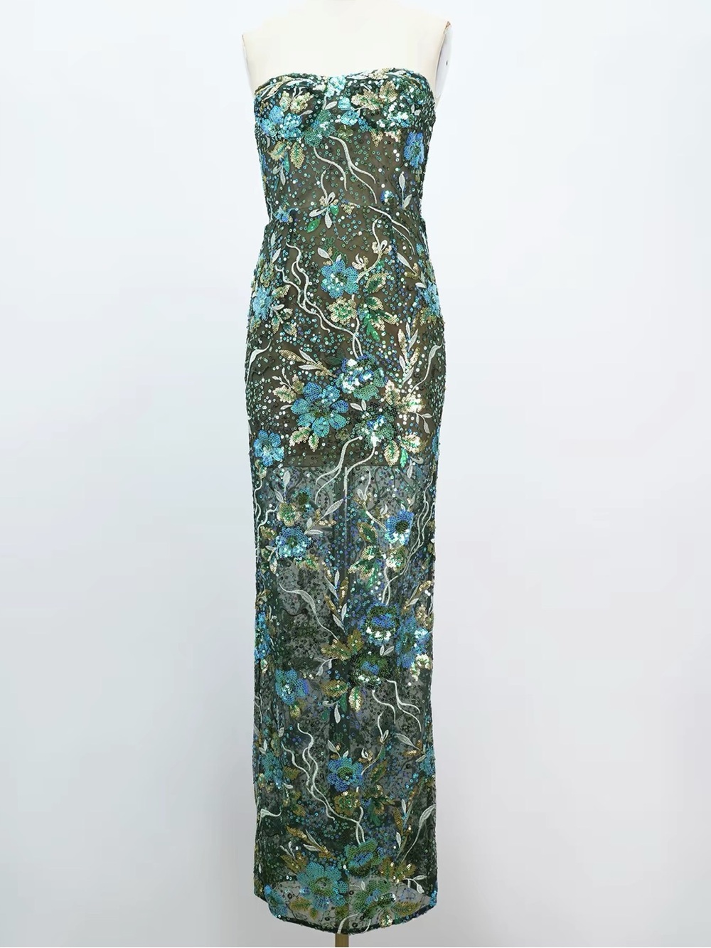 Bronx and Banco NWOT Strapless Sequin Floral Maxi Dress - Teal & Olive Size XS&S - Picture 12 of 12